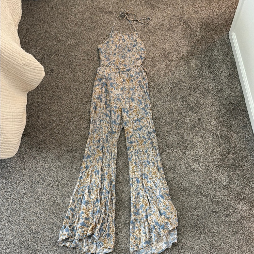 Halter Floral Wide-Leg Jumpsuit in Blue and Cream